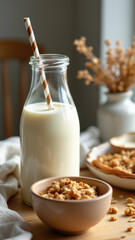 Freshly made breakfast cereal with a glass of milk and a straw, on a rustic wooden table.