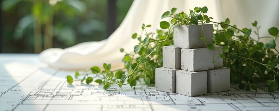 Eco-friendly construction materials like concrete blocks with green plants arranged on blueprint. Sustainable build practices. Energy compliance, climate management, indoor passive, solar, natural