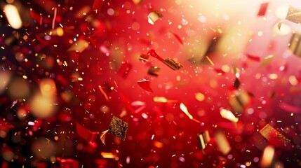 Generate a radiant red backdrop with shimmering golden confetti falling in different shapes