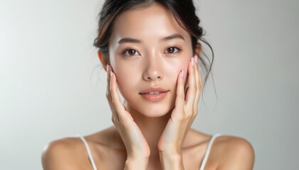 Young asian woman gently touches face, smiles. Clean, soft skin, spa treatment, beauty concept. Isolated on white background. Perfect for skincare or cosmetology product demo. Natural look.