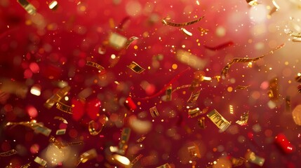 Generate a radiant red backdrop with shimmering golden confetti falling in different shapes