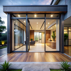 an aesthetic home entrance with large glass slidin