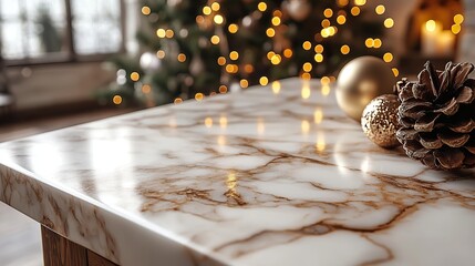 a luxurious white marble tabletop featuring fine details with a gentle bokeh effect in the background