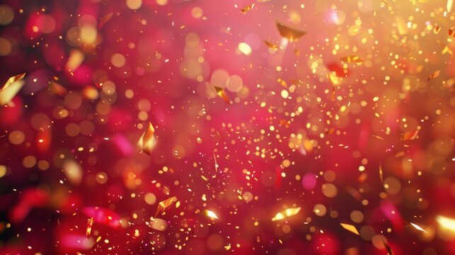 Generate a radiant red backdrop with shimmering golden confetti falling in different shapes