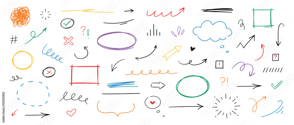 Aufkleber hand drawn different line elements. doodle sketch style arrows, scribbles, stars, speech bubbles and