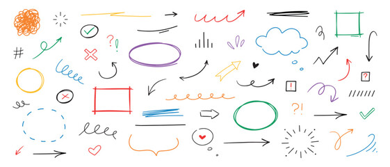 Hand drawn different line elements. Doodle sketch style arrows, scribbles, stars, speech bubbles and underlines. Vector grunge element set.