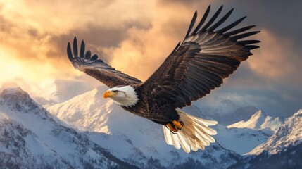 Naklejka premium Bald eagle soaring high above the mountains, wings spread wide, dramatic sky in the background generative ai