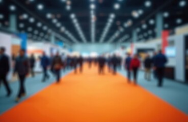 Blurred photo of exhibition hall with orange carpeted walkway. People walking indoor during trade show, business meeting, conference. Modern architectural lighting, bokeh give dreamy ethereal mood.