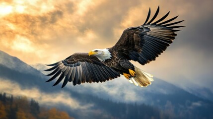 Obraz premium Bald eagle soaring high above the mountains, wings spread wide, dramatic sky in the background generative ai