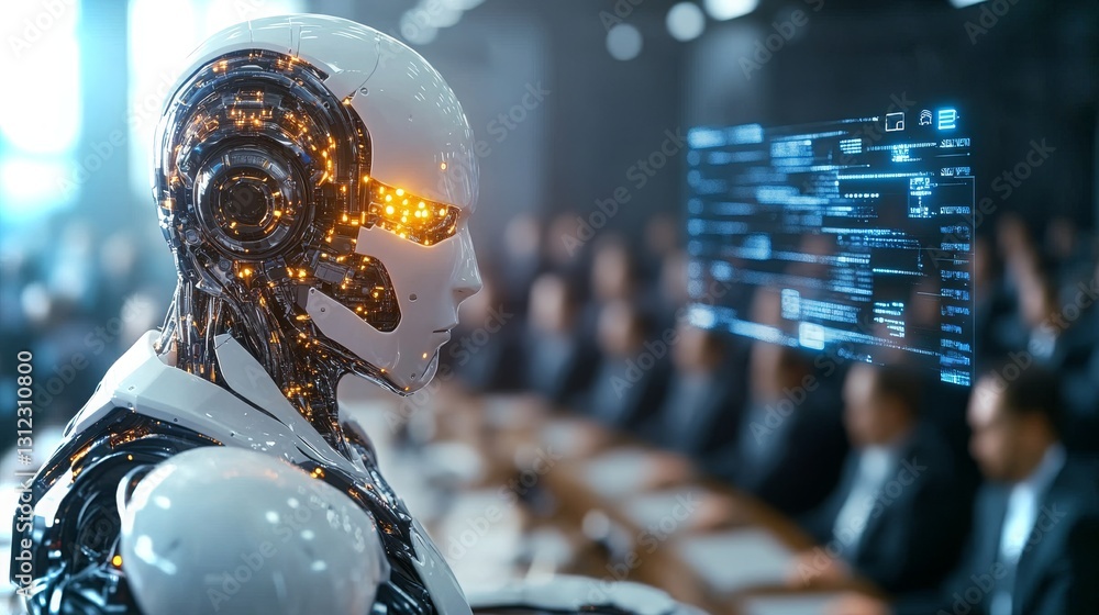 Poster high-tech robot presenting advanced data analysis in a corporate meeting setting