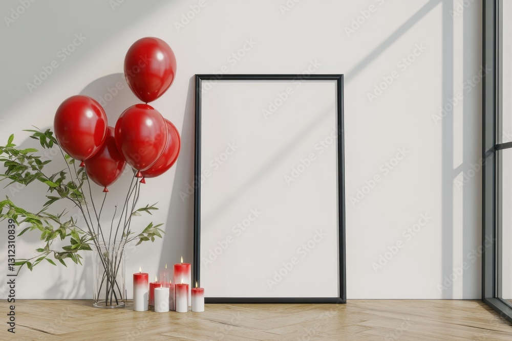Poster mock up 3d rendering mockup poster in an interior background with red balloons. a blank frame surrou