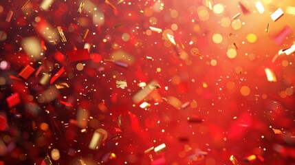 Generate a vibrant red scene with shimmering golden confetti falling in different forms