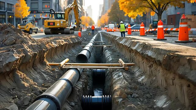 Urban construction site with underground pipe installation in progress
