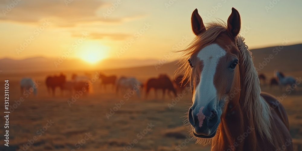 Poster a beautiful horse gazes towards the camera as the sun sets behind a distant herd of horses, creating