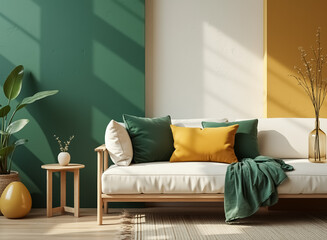 white couch with green and gold pillows sits in a sunlit room