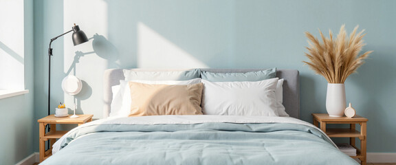 Tranquil minimalist bedroom with plush pillows in soft pastels, serene space
