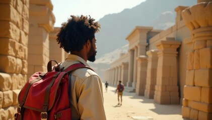 Fototapeta premium Stylish afro, backpack, exploring ancient city, heritage, vacation