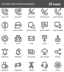 Contact and Communication Line Icons Set. Collection of 30 outline icons representing messaging, networking, and digital interaction. Editable stroke vector illustration.