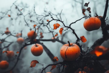 An abandoned apple orchard with overgrown trees, rotting apples on the ground, and a haunting mist enveloping the scene