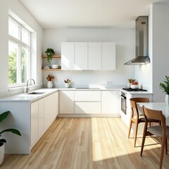 Spacious white kitchen, abundant natural light from floor-to-ceiling windows, contemporary, apartment
