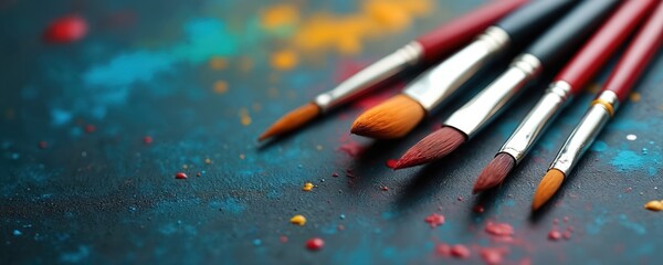 Set of artist paint brushes on colorful painted canvas. Oil painting supplies with colorful blobs, spots. Design studio abstract art background texture. Creative hobby workplace for painter. Art