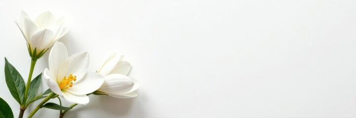 Fototapeta premium Subtle white floral arrangement, pristine white canvas, design element, studio, minimalist
