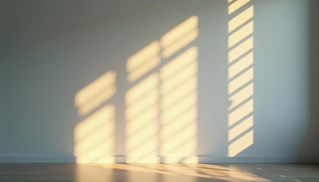 Sunlight streams through angled Venetian blinds, casting patterned shadows on a wall , living room, room, home decor