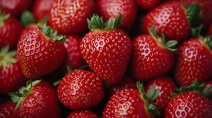 Pile of ripe strawberries in close-up shot. Concept for healthy eating or summer products