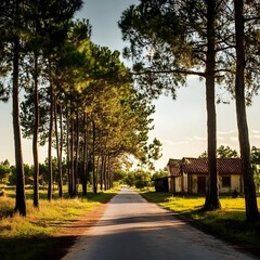 Obraz premium Cypress Trees Rural Country Countryside House Scenic View 