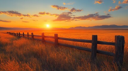 Obraz premium a peaceful rural scene featuring a golden wheat field bordered by a rustic wooden fence