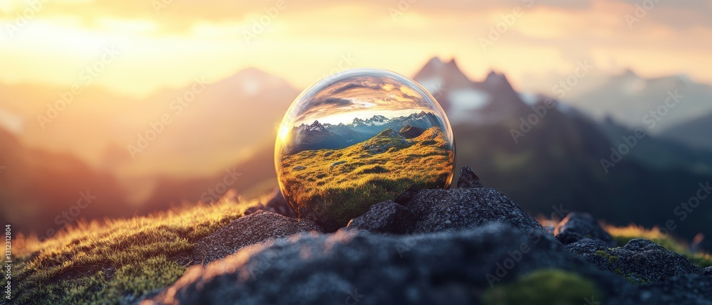 Poster elegant glass ball resting on a rock surrounded by natural elements creating an artistic and unique 