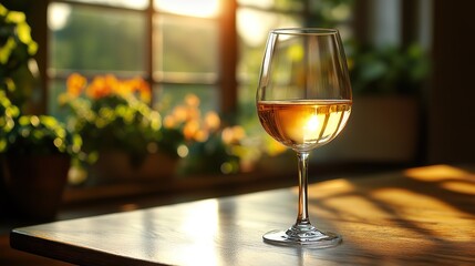 a photorealistic image of a pristine white wine glass set on a polished wooden table with sunlight illuminating the wine