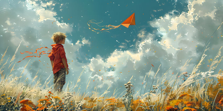 Retrato de un ni&ntilde;o en el campo con nubes volando un cometa estilo dibujo