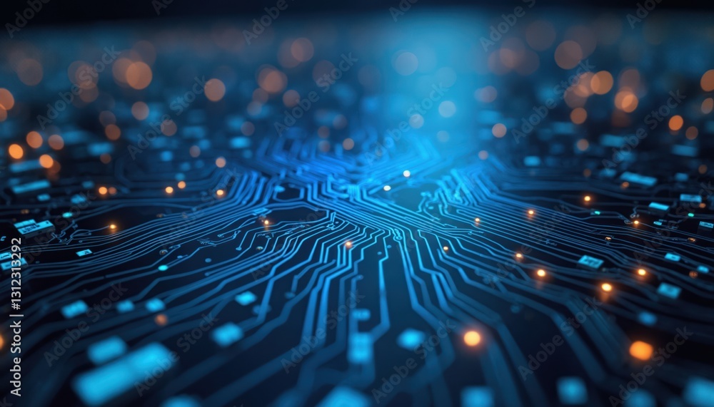 Aufkleber Blue lights illuminate detailed circuit board pattern. Tech computing background. Electronic glowing design with microchips, hardware. Abstract innovation, engineering complexity. Modern futuristic