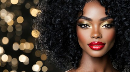 Fototapeta premium Radiant Beauty: A striking portrait of a beautiful woman with voluminous, dark curly hair, perfect makeup, and a captivating gaze, set against a backdrop of soft, golden bokeh lights.