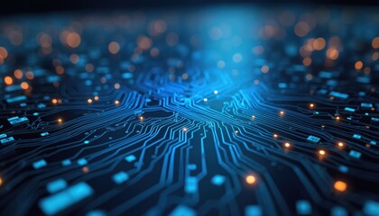 Fototapeta premium Blue lights illuminate detailed circuit board pattern. Tech computing background. Electronic glowing design with microchips, hardware. Abstract innovation, engineering complexity. Modern futuristic