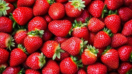 Pile of strawberries with green leaves background, full frame, use for healthy food blog illustration