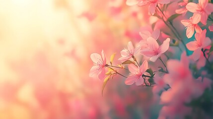 Soft sunlight illuminates delicate pink blossoms on branches
