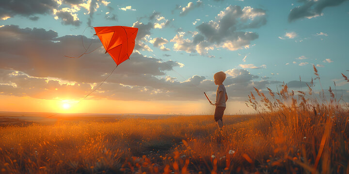 Joven ni&ntilde;o volando un cometa color rojo en el campo al atardecer agradable infancia