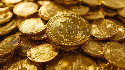 Golden Bitcoin Coins Pile Closeup