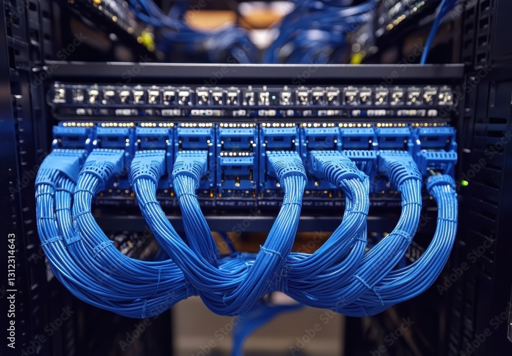 Aufkleber high-quality close-up of blue network cables in server rack showing data center infrastructure for m