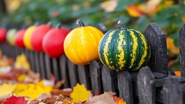 Colorful gourds sit on fence during autumn leaves