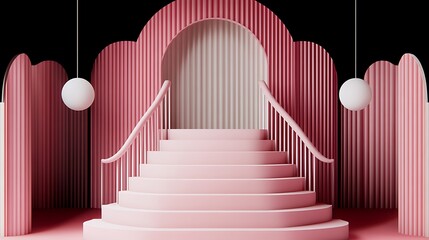 Obraz premium Pink stairs & arch for product placement. Globes hang against black backdrop, creating depth