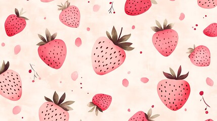 Pink strawberries scattered, floral bits on cream. Cute backdrop for blogs, design, presentations