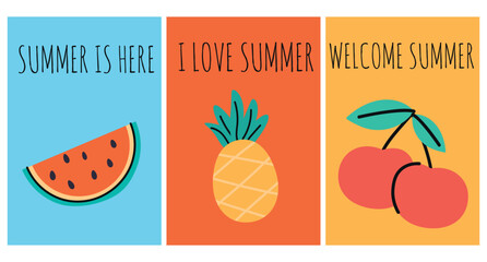 Hello Summer greeting card set in hand drawn style. Cute doodle poster with pineapple, cherry and watermelon. Welcome summer invitation card in flat style.
