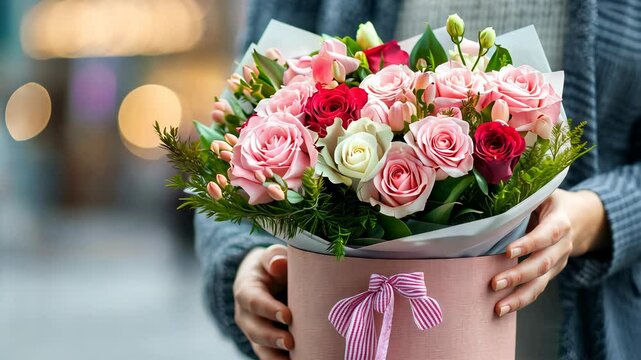 Woman holding a beautiful bouquet of pink and red roses in a decorative box with a blurred background of a flower shop video 4k