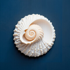 Elegant seashell on navy blue background, natural beauty concept