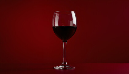 Elegant wine glass reflecting light on dark red backdrop, sophistication