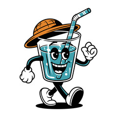 A cheerful cartoon glass of water with a straw, arms, legs, and a hat, walking happily. Retro-style illustration