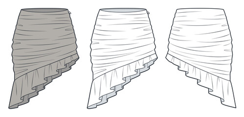 Asymmetrical Ruffled Skirt technical fashion illustration. Draped mini Skirt fashion flat technical drawing template, side zipper, front and back view, white, beige, women CAD mockup set.
